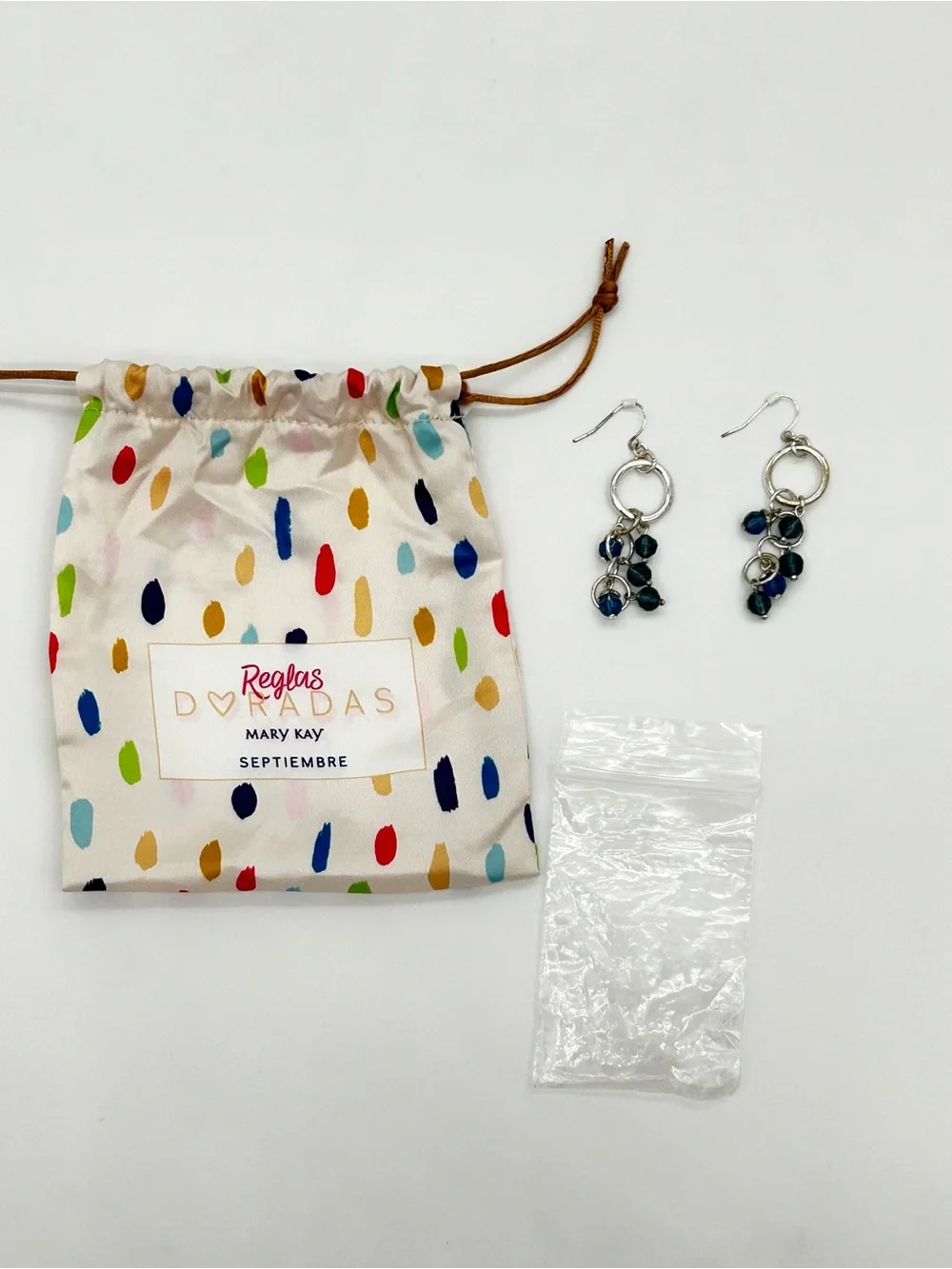 Mary Kay Navy Bead Dangle Earrings with Colorful Drawstring Pouch
